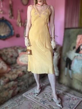 1930s Butter Yellow Bias Cut Rayon Slip Dress, Size M-L